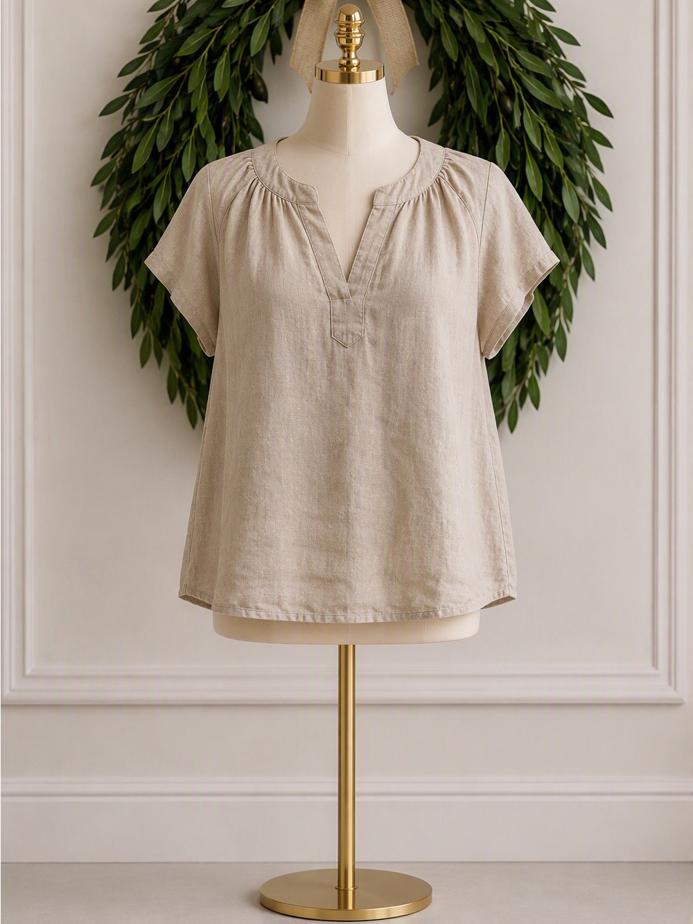 J Crew 100% Linen Tan Brown Short Sleeve Blouse XL